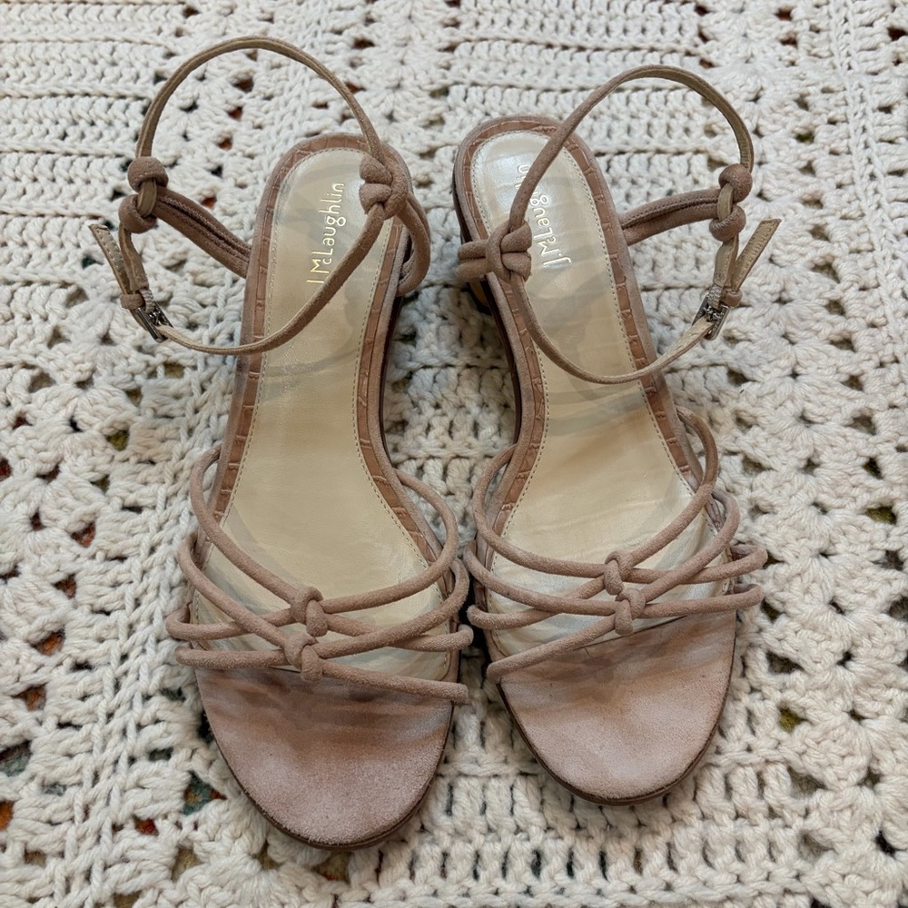 J. McLaughlin Hazel Suede Knotted Strappy Sandals w/Textured Small Heel Tan  10